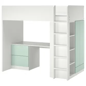 IKEA SMÅSTAD Pat supraetajat, alb verde deschis/cu birou +3 sertare, 90x200 cm
