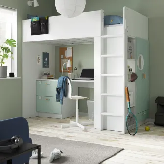 IKEA SMÅSTAD Pat supraetajat, alb verde deschis/cu birou +3 sertare, 90x200 cm