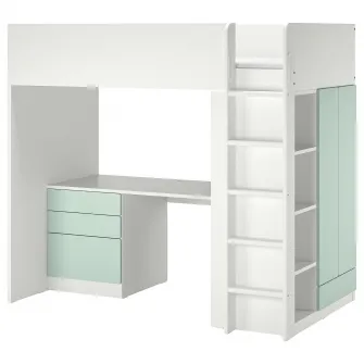 IKEA SMÅSTAD Pat supraetajat, alb verde deschis/cu birou + 4 sertare, 90x200 cm