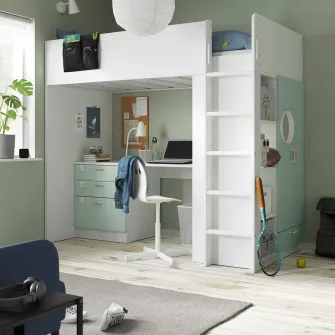 IKEA SMÅSTAD Pat supraetajat, alb verde deschis/cu birou + 4 sertare, 90x200 cm