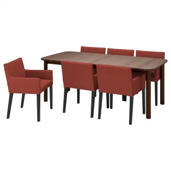 IKEA STRANDTORP / MÅRENÄS Masa+6 fotolii, maro negru/Gunnared rosu-maro, 150/205/260 cm