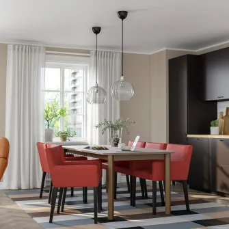 IKEA STRANDTORP / MÅRENÄS Masa+6 fotolii, maro negru/Gunnared rosu-maro, 150/205/260 cm