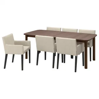 IKEA STRANDTORP / MÅRENÄS Masa+6 fotolii, maro/negru Gunnared bej, 150/205/260 cm
