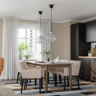 IKEA STRANDTORP / MÅRENÄS Masa+6 fotolii, maro/negru Gunnared bej, 150/205/260 cm