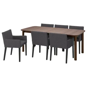 IKEA STRANDTORP / MÅRENÄS Masa+6 fotolii, maro/negru Gunnared gri inchis, 150/205/260 cm