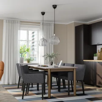 IKEA STRANDTORP / MÅRENÄS Masa+6 fotolii, maro/negru Gunnared gri inchis, 150/205/260 cm