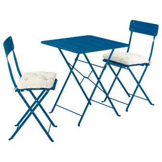 IKEA SUNDSÖ Masa + 2 scaune pliante, exterior albastru inchis/albastru inchis Kuddarna gri deschis-bej, 65x65 cm