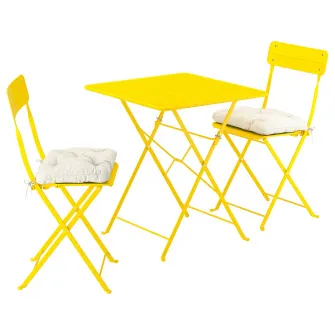 IKEA SUNDSÖ Masa + 2 scaune pliante, exterior galben neon/galben neon Kuddarna gri deschis-bej, 65x65 cm