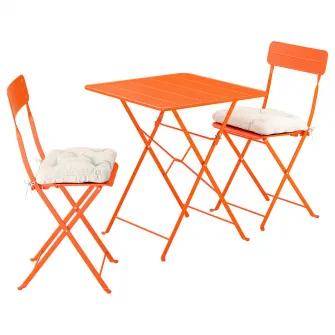 IKEA SUNDSÖ Masa + 2 scaune pliante, exterior portocaliu deschis/portocaliu deschis Kuddarna gri deschis-bej, 65x65 cm