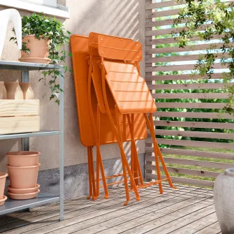 IKEA SUNDSÖ Masa + 2 scaune pliante, exterior portocaliu deschis/portocaliu deschis Kuddarna gri deschis-bej, 65x65 cm