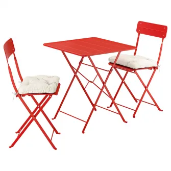 IKEA SUNDSÖ Masa + 2 scaune pliante, exterior rosu deschis/rosu deschis Kuddarna gri deschis-bej, 65x65 cm