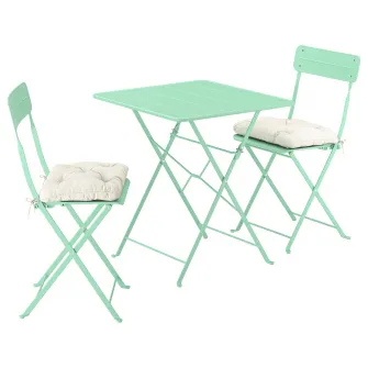 IKEA SUNDSÖ Masa + 2 scaune pliante, exterior verde deschis/verde deschis Kuddarna gri deschis-bej, 65x65 cm