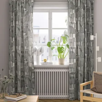 IKEA TEMPELFLY Draperii, 2buc, alb/negru/rjns, 145x300 cm