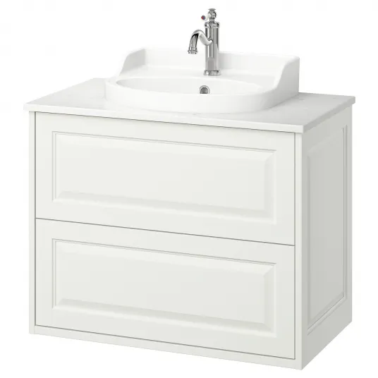 IKEA TÄNNFORSEN / RUTSJÖN Masca lavoar+sertare/lavoar/baterie, alb/alb aspect marmura, 82x49x76 cm