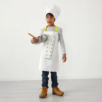 IKEA TOPPKLOCKA Sort copii cu boneta de bucatar, alb/galben