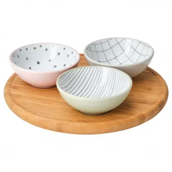 IKEA TRÅDTICKA Tava cu 3 boluri, multicolor/bambus
