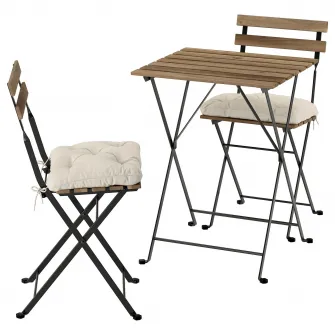 IKEA TÄRNÖ Masa+2 scaune exterior, negru/maro deschis vopsit pliabil/pliabil Kuddarna gri deschis-bej, 55x54 cm
