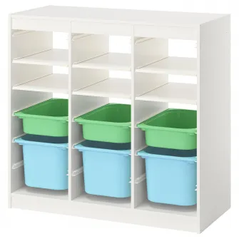IKEA TROFAST Ansamblu depozitare, cu polite/cutii separator camera/alb verde deschis/albastru deschis, 99x44x94 cm