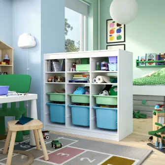 IKEA TROFAST Ansamblu depozitare, cu polite/cutii separator camera/alb verde deschis/albastru deschis, 99x44x94 cm