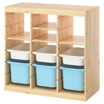 IKEA TROFAST Ansamblu depozitare, cu polite/cutii separator camera/pin lacuit nuanta naturala bleu, 93x44x91 cm