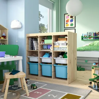 IKEA TROFAST Ansamblu depozitare, cu polite/cutii separator camera/pin lacuit nuanta naturala bleu, 93x44x91 cm