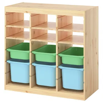 IKEA TROFAST Ansamblu depozitare, cu polite/cutii separator camera/pin lacuit nuanta naturala verde deschis/albastru deschis, 93x44x91 cm