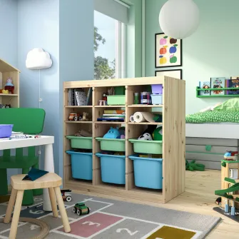IKEA TROFAST Ansamblu depozitare, cu polite/cutii separator camera/pin lacuit nuanta naturala verde deschis/albastru deschis, 93x44x91 cm