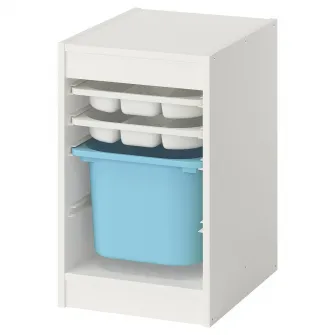 IKEA TROFAST Ansamblu depozitare+cutie/tavi, alb alb/bleu, 34x44x56 cm