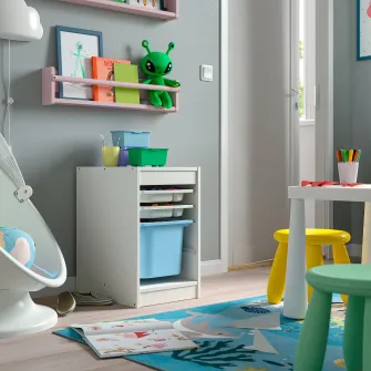 IKEA TROFAST Ansamblu depozitare+cutie/tavi, alb alb/bleu, 34x44x56 cm