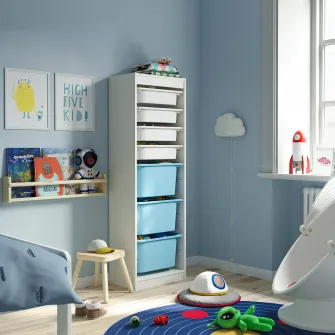 IKEA TROFAST Ansamblu depozitare+cutii, alb alb/bleu, 46x30x145 cm