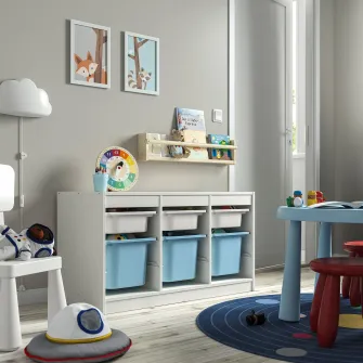 IKEA TROFAST Ansamblu depozitare+cutii, alb alb/bleu, 99x44x56 cm