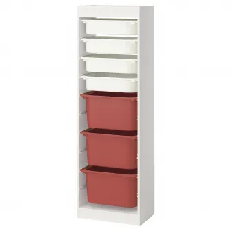 IKEA TROFAST Ansamblu depozitare+cutii, alb alb/rosu, 46x30x145 cm