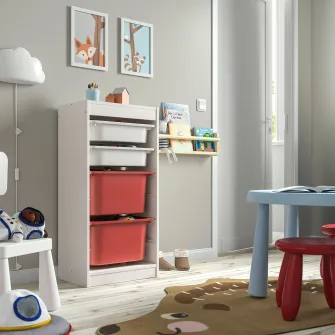 IKEA TROFAST Ansamblu depozitare+cutii, alb alb/rosu, 46x30x94 cm
