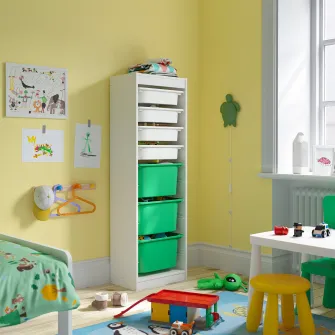 IKEA TROFAST Ansamblu depozitare+cutii, alb alb/verde deschis, 46x30x145 cm
