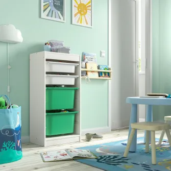 IKEA TROFAST Ansamblu depozitare+cutii, alb alb/verde deschis, 46x30x94 cm