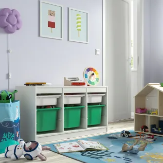 IKEA TROFAST Ansamblu depozitare+cutii, alb alb/verde deschis, 99x44x56 cm