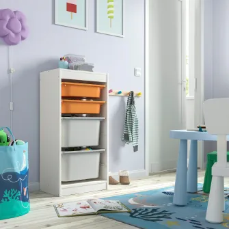 IKEA TROFAST Ansamblu depozitare+cutii, alb portocaliu deschis/gri, 46x30x94 cm