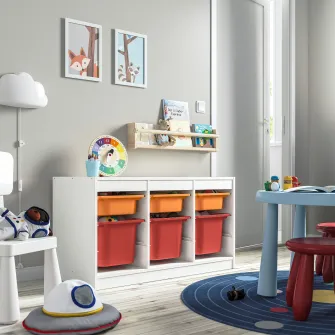 IKEA TROFAST Ansamblu depozitare+cutii, alb portocaliu deschis/rosu, 99x44x56 cm
