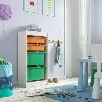 IKEA TROFAST Ansamblu depozitare+cutii, alb portocaliu deschis/verde deschis, 46x30x94 cm