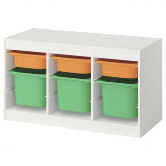 IKEA TROFAST Ansamblu depozitare+cutii, alb portocaliu deschis/verde deschis, 99x44x56 cm