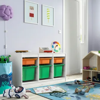 IKEA TROFAST Ansamblu depozitare+cutii, alb portocaliu deschis/verde deschis, 99x44x56 cm