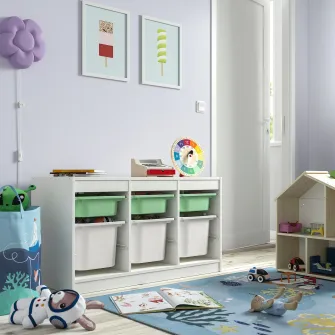 IKEA TROFAST Ansamblu depozitare+cutii, alb verde deschis/alb, 99x44x56 cm