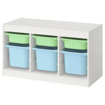 IKEA TROFAST Ansamblu depozitare+cutii, alb verde deschis/bleu, 99x44x56 cm