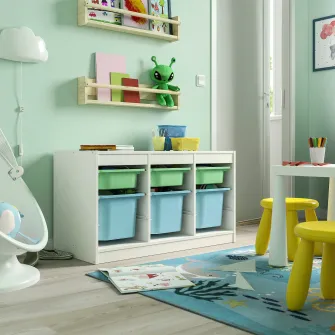 IKEA TROFAST Ansamblu depozitare+cutii, alb verde deschis/bleu, 99x44x56 cm