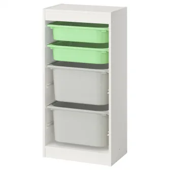 IKEA TROFAST Ansamblu depozitare+cutii, alb verde deschis/gri, 46x30x94 cm