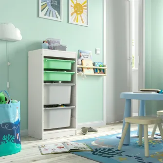 IKEA TROFAST Ansamblu depozitare+cutii, alb verde deschis/gri, 46x30x94 cm