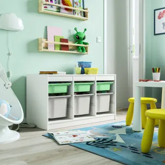 IKEA TROFAST Ansamblu depozitare+cutii, alb verde deschis/gri, 99x44x56 cm