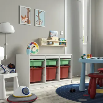 IKEA TROFAST Ansamblu depozitare+cutii, alb verde deschis/rosu, 99x44x56 cm