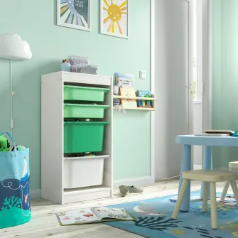 IKEA TROFAST Ansamblu depozitare+cutii, alb verde deschis/verde deschis alb, 46x30x94 cm