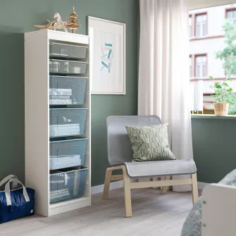 IKEA TROFAST Ansamblu depozitare+cutii, alb verde-gri deschis/gri-albastru, 46x30x145 cm